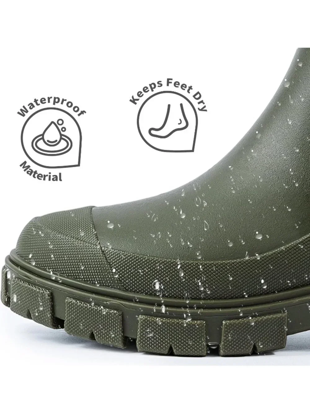 Women's Green Waterproof Slip-Resistant Rubber Short Ankle Chelsea rain Boots